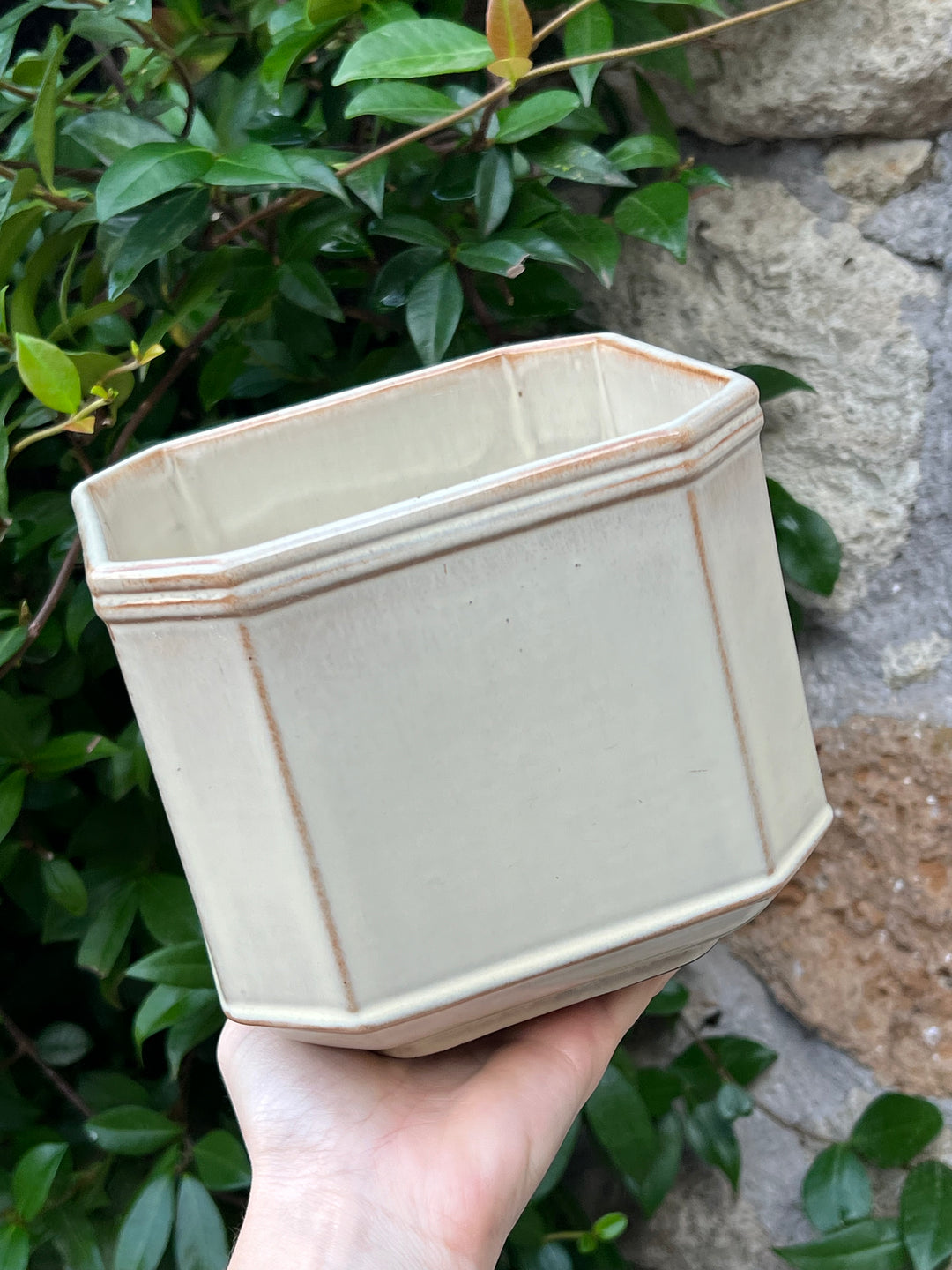 Cachepot in ceramica realizzato da Ernestine Salerno di forma ottagonale sui toni del beige con i bordi sui toni del marrone.&nbsp;

Un pezzo dalla linee semplici ma di grande carattere.

Misure 16,x14,5 cm