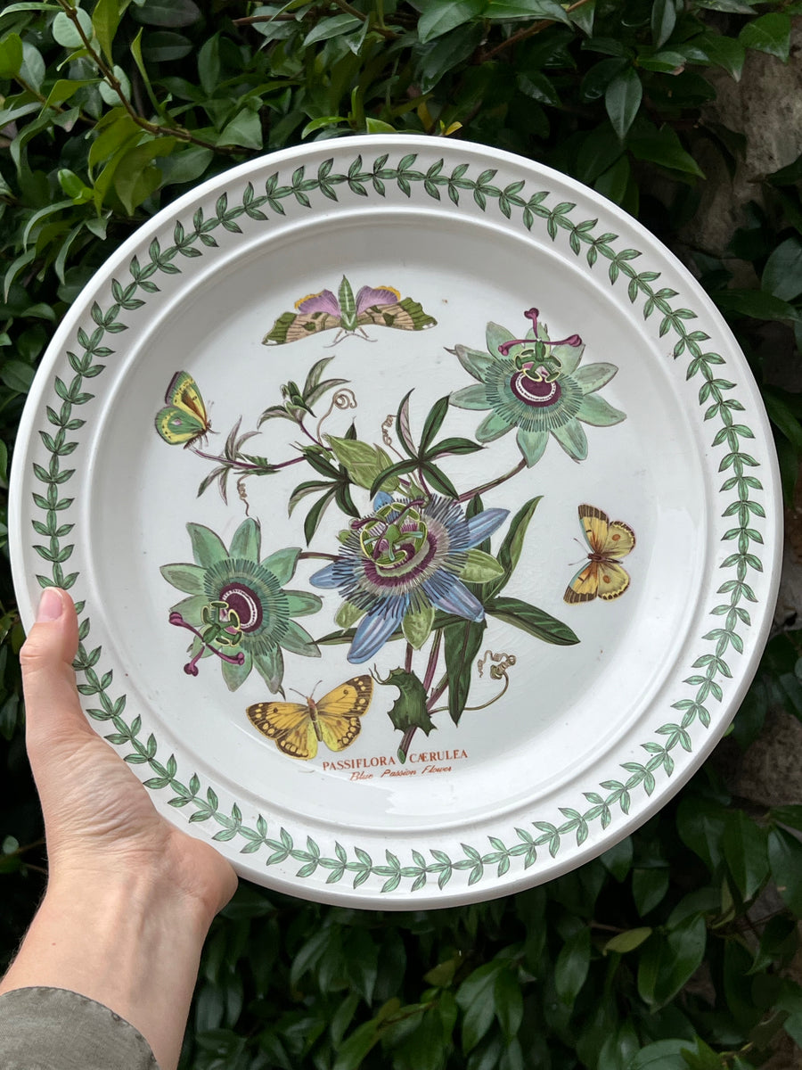 Piatto da portata in ceramica firmato Portmeirion con decoro "The Botanic garden".Il bordo del piatto è adornato da una ghirlanda di foglie verdi stilizzate, che creano un elegante contorno al disegno centrale raffigurante il fiore della Passiflora.

La rappresentazione botanica ed i movimenti naturali evocano un senso di armonia e bellezza che rendono questo oggetto ideale per esposizioni o come parte di una collezione di ceramiche artistiche.

&nbsp;Diametro 31,5 cm