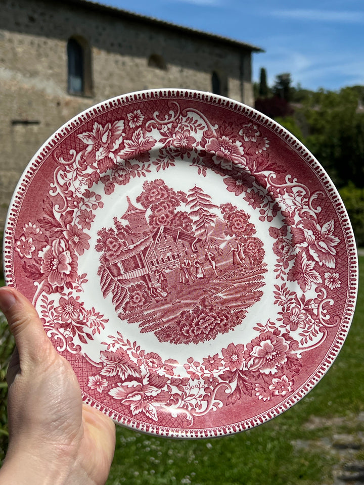 Piatto in ceramica firmato Wedgwood con decoro Avon Cottage di colore rosa.  Misure 24 cm