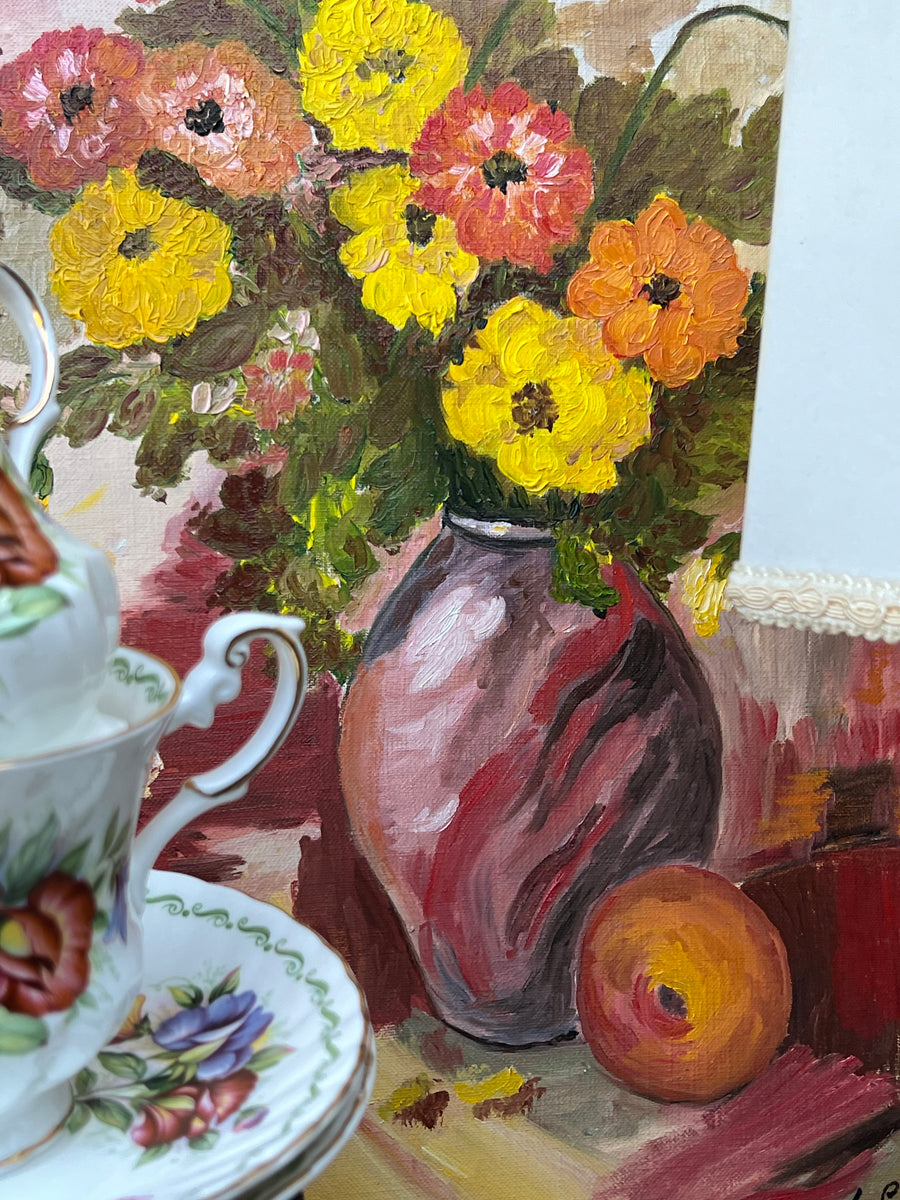 Quadro olio su tela firmato raffigurante un bouquet di fiori freschi dai toni caldi e sfumature di rosso.  Misure 30x40 cm&nbsp;