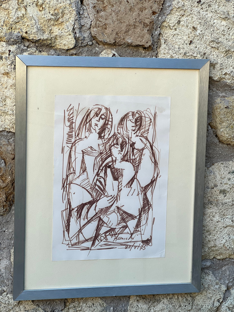 Quadro Disegno a pennarello realizzato da Eugenio Azzocchi nel 30/05/1975, è firmato e raffigura un gruppo di figure umane in uno stile espressivo e dinamico. Realizzato con tratti veloci e decisi, il disegno cattura l'essenza delle forme umane attraverso linee astratte ma riconoscibili. Incorniciato con semplicità in una cornice metallica, il pezzo è ideale per chi apprezza l'arte contemporanea e gli schizzi che evocano emozioni e movimento.&nbsp;

Misure 50x40 cm
